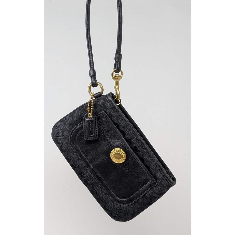 Coach Signature C Wrislet Canvas Leather Black Zip Pouch Clutch Bag